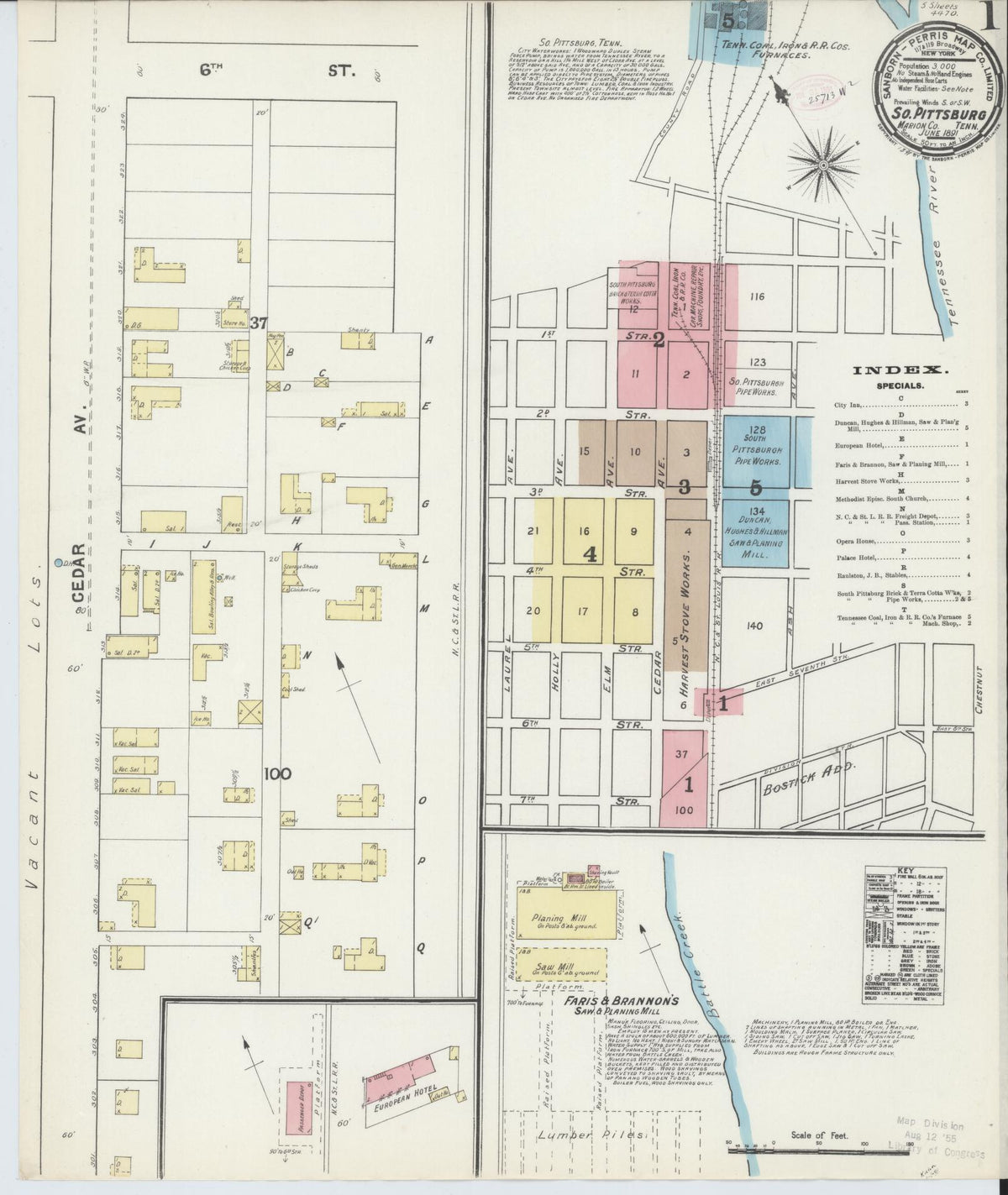 Sanborn Fire Insurance Map from South Pittsburg, Marion County, Tennessee (1891), Sheet #0001 - Complete Map Set gallery image, historic Sanborn map, vintage wall art, Tennessee Tennessee