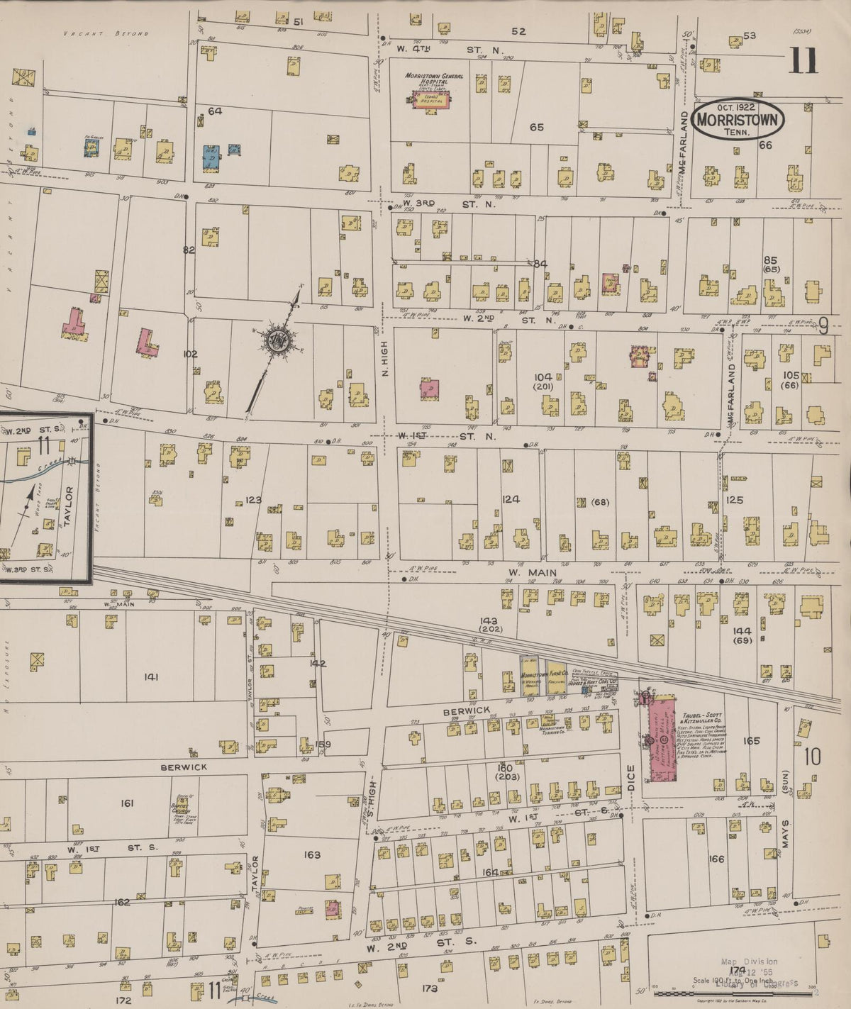 Sanborn Fire Insurance Map from Morristown, Hamblen County, Tennessee (1922), Sheet #0011 - Complete Map Set gallery image, historic Sanborn map, vintage wall art, Tennessee Tennessee