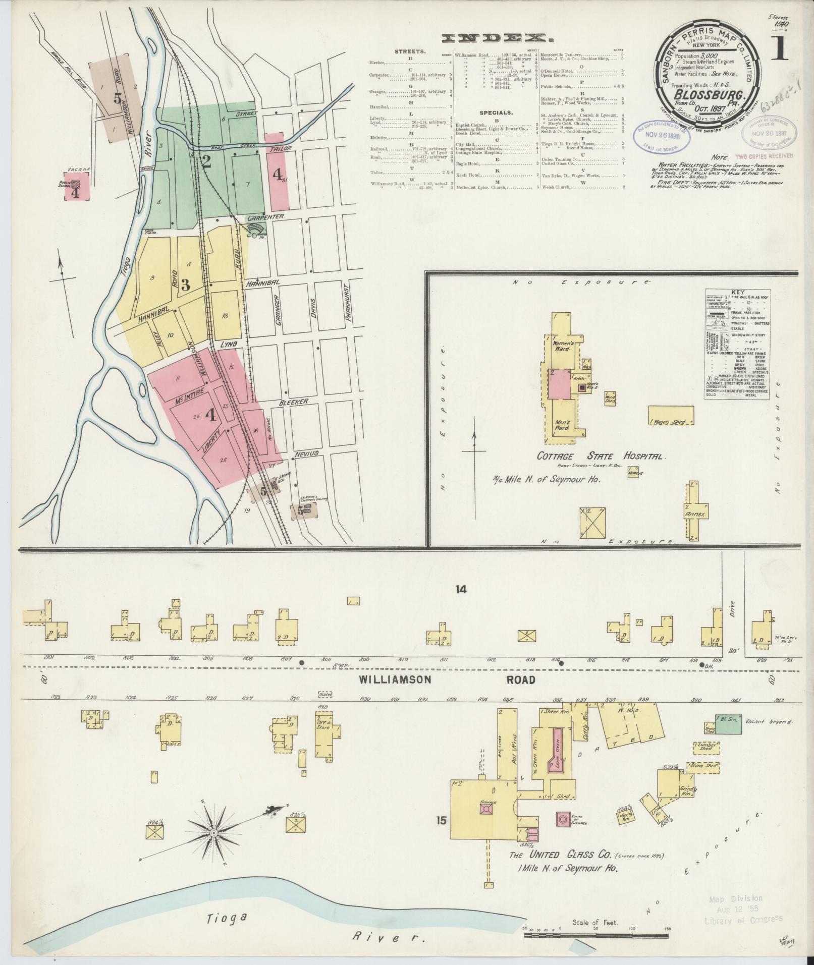 Sanborn Fire Insurance Map from Blossburg, Tioga County, Pennsylvania (1897), Sheet #0001 - Historic Sanborn Fire Insurance Map Print, vintage old map wall art, antique decor, genealogy gift, Pennsylvania Pennsylvania map