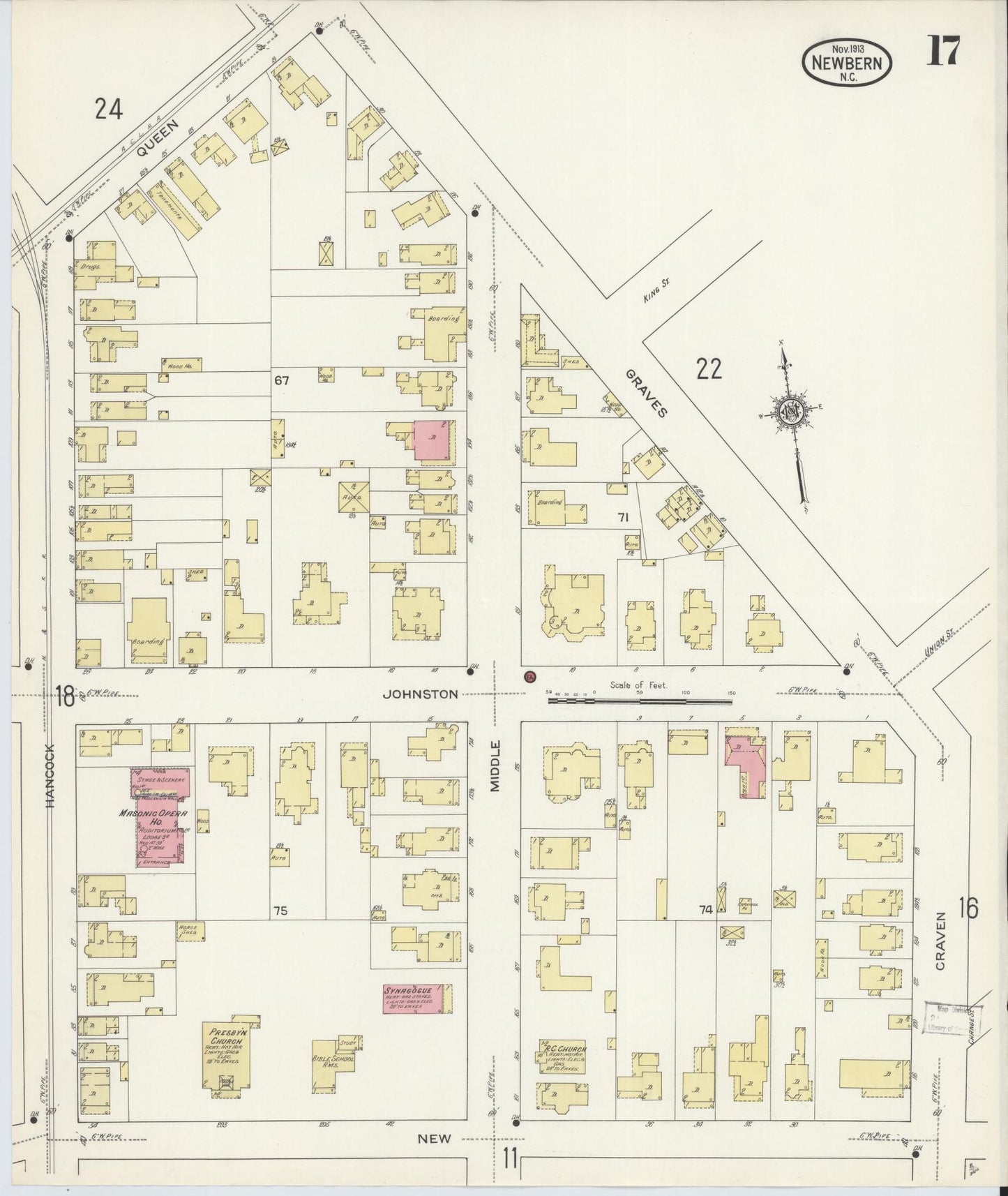 Sanborn Fire Insurance Map from New Bern, Craven County, North Carolina (1913), Sheet #0017 - Complete Map Set gallery image, historic Sanborn map, vintage wall art, North Carolina North Carolina