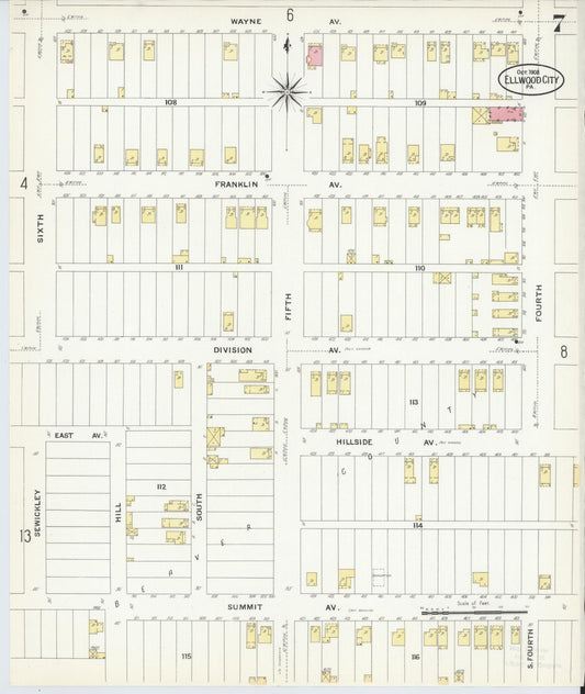 Sanborn Fire Insurance Map from Ellwood City, Lawrence County, Pennsylvania (1908), Sheet #0007 - Historic Sanborn Fire Insurance Map Print, vintage old map wall art, antique decor, genealogy gift, Pennsylvania Pennsylvania map