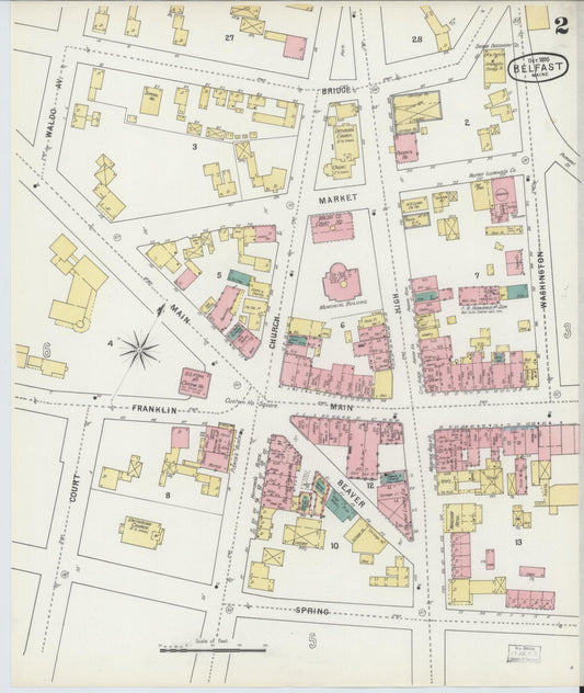 Sanborn Fire Insurance Map from Belfast, Waldo County, Maine (1895), Sheet #0002 - Historic Sanborn Fire Insurance Map Print, vintage old map wall art, antique decor, genealogy gift, Maine Maine map