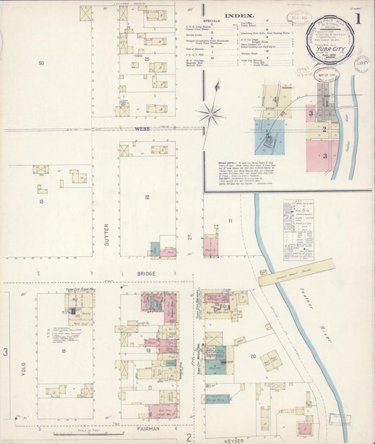 Sanborn Fire Insurance Map from Yuba City, Sutter County, California (1899), Sheet #0001 - Complete Map Set gallery image, historic Sanborn map, vintage wall art, California California