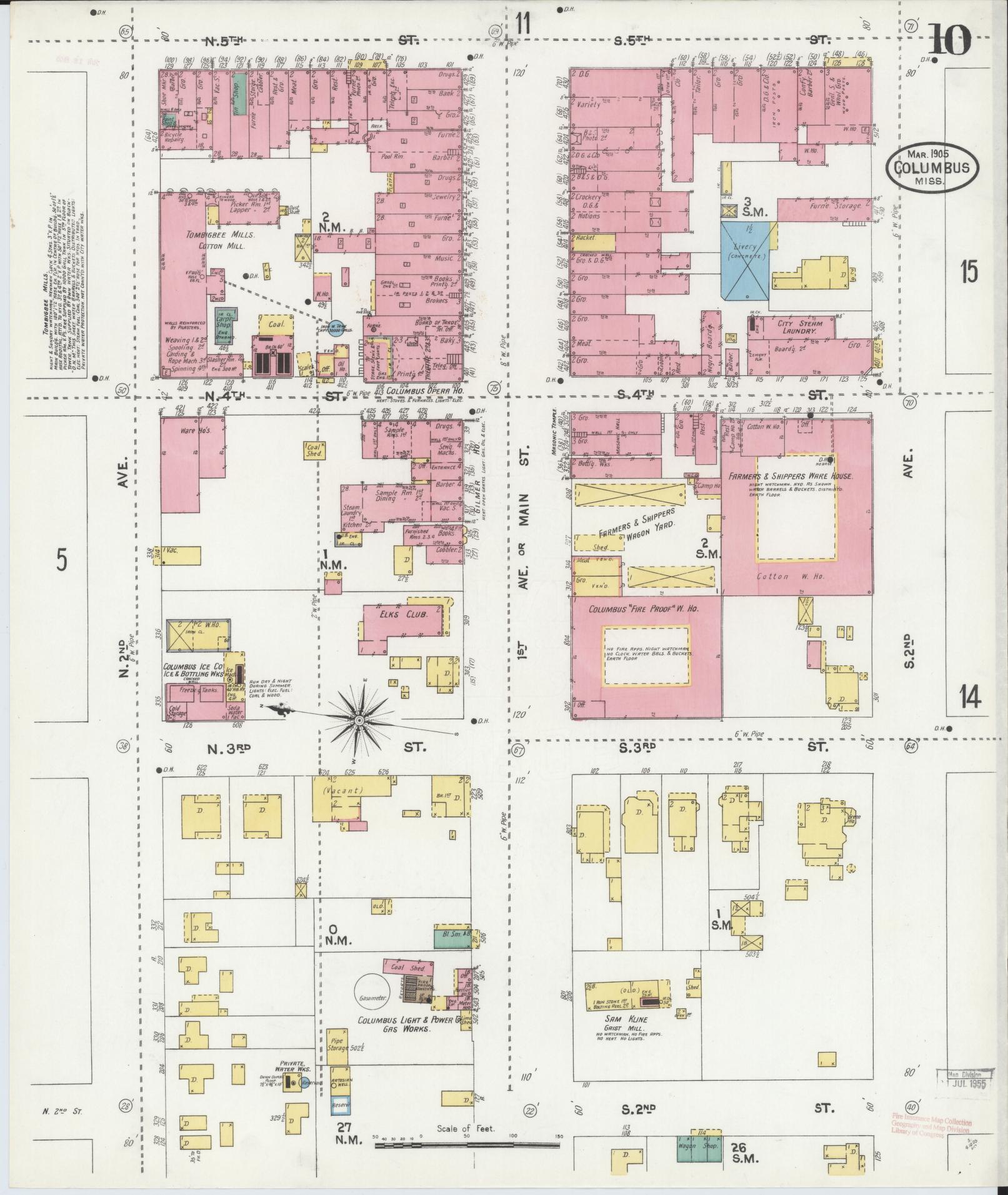 Sanborn Fire Insurance Map from Columbus, Lowndes County, Mississippi (1905), Sheet #0010 - Historic Sanborn Fire Insurance Map Print, vintage old map wall art, antique decor, genealogy gift, Mississippi Mississippi map