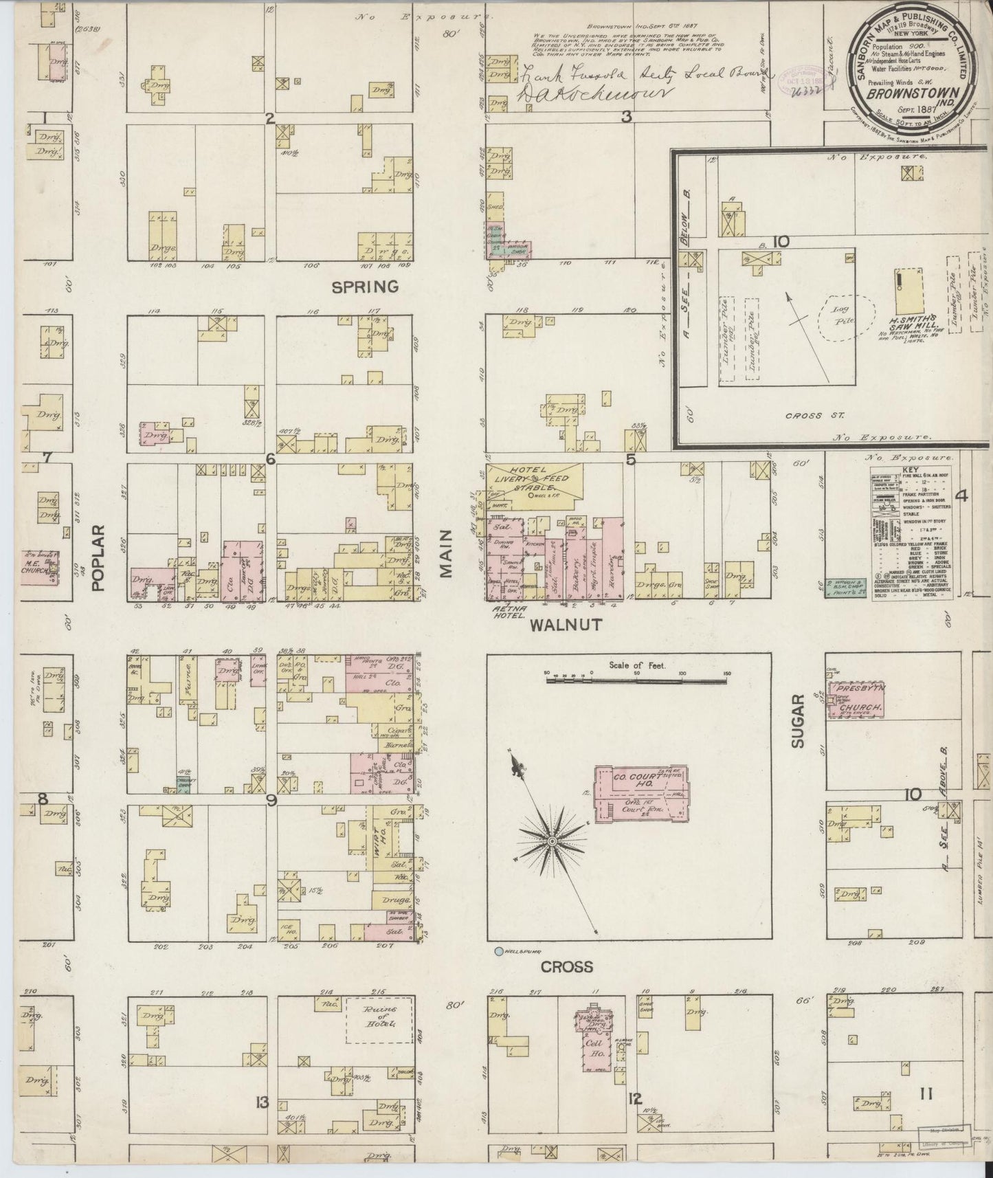 Sanborn Fire Insurance Map from Brownstown, Jackson County, Indiana (1887), Sheet #0001 - Historic Sanborn Fire Insurance Map Print, vintage old map wall art, antique decor, genealogy gift, Indiana Indiana map