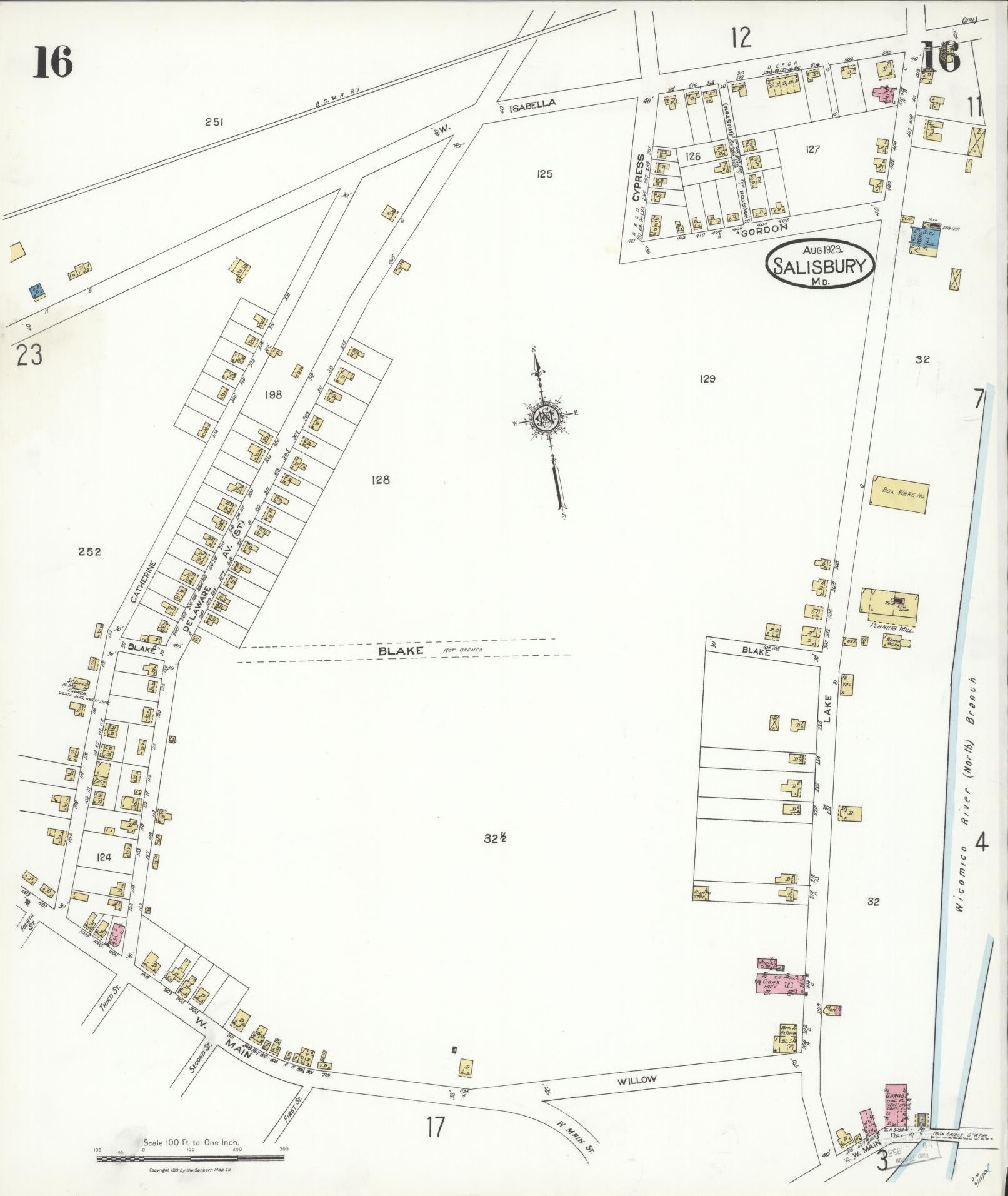 Sanborn Fire Insurance Map from Salisbury, Wicomico County, Maryland (1923), Sheet #0016 - Historic Sanborn Fire Insurance Map Print, vintage old map wall art, antique decor, genealogy gift, Maryland Maryland map