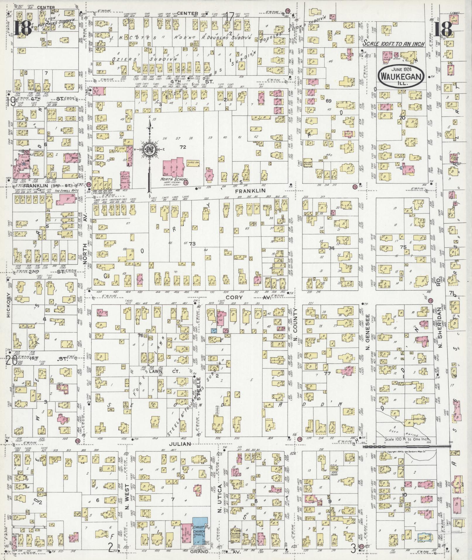 Sanborn Fire Insurance Map from Waukegan, Lake County, Illinois (1924), Sheet #0018 - Historic Sanborn Fire Insurance Map Print, vintage old map wall art, antique decor, genealogy gift, Illinois Illinois map
