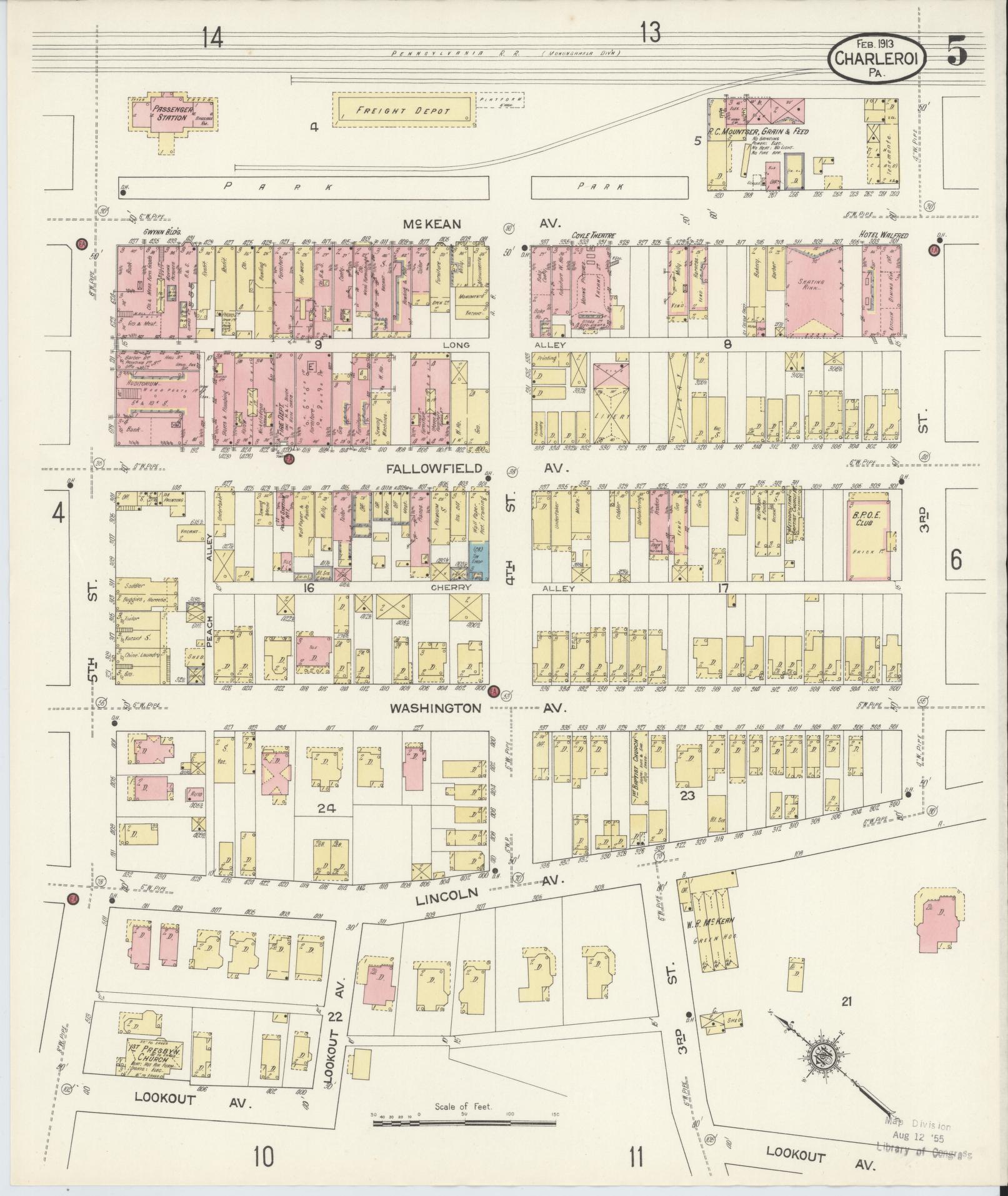Sanborn Fire Insurance Map from Charleroi, Washington County, Pennsylvania (1913), Sheet #0005 - Historic Sanborn Fire Insurance Map Print, vintage old map wall art, antique decor, genealogy gift, Pennsylvania Pennsylvania map