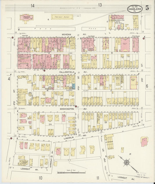 Sanborn Fire Insurance Map from Charleroi, Washington County, Pennsylvania (1913), Sheet #0005 - Historic Sanborn Fire Insurance Map Print, vintage old map wall art, antique decor, genealogy gift, Pennsylvania Pennsylvania map