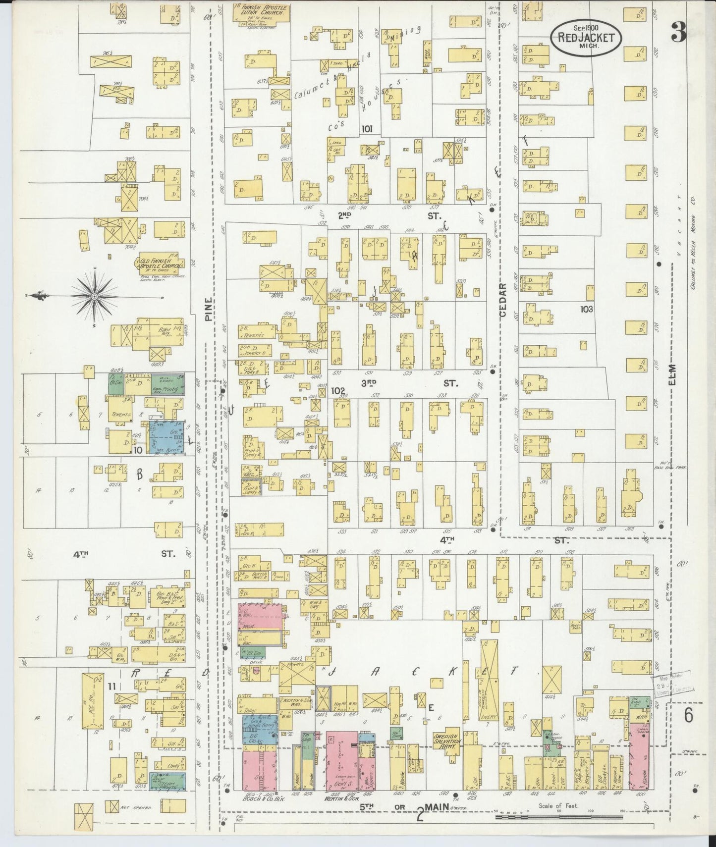 Sanborn Fire Insurance Map from Red Jacket, Houghton County, Michigan (1900), Sheet #0003 - Complete Map Set gallery image, historic Sanborn map, vintage wall art, Michigan Michigan