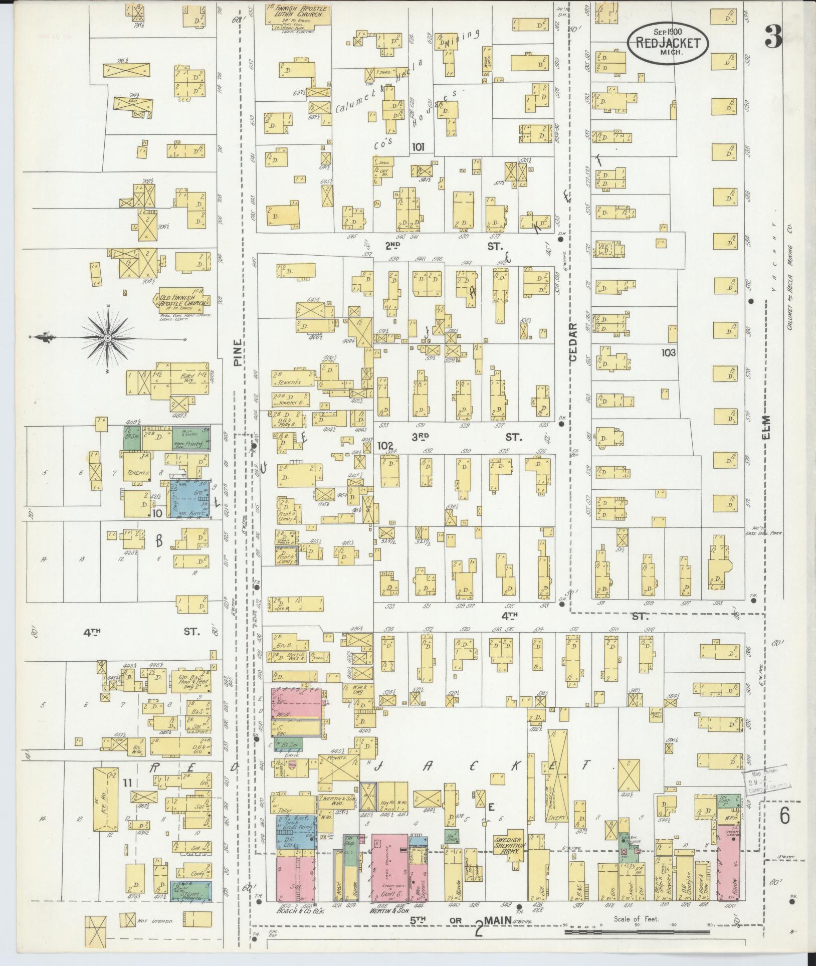 Sanborn Fire Insurance Map from Red Jacket, Houghton County, Michigan (1900), Sheet #0003 - Complete Map Set gallery image, historic Sanborn map, vintage wall art, Michigan Michigan