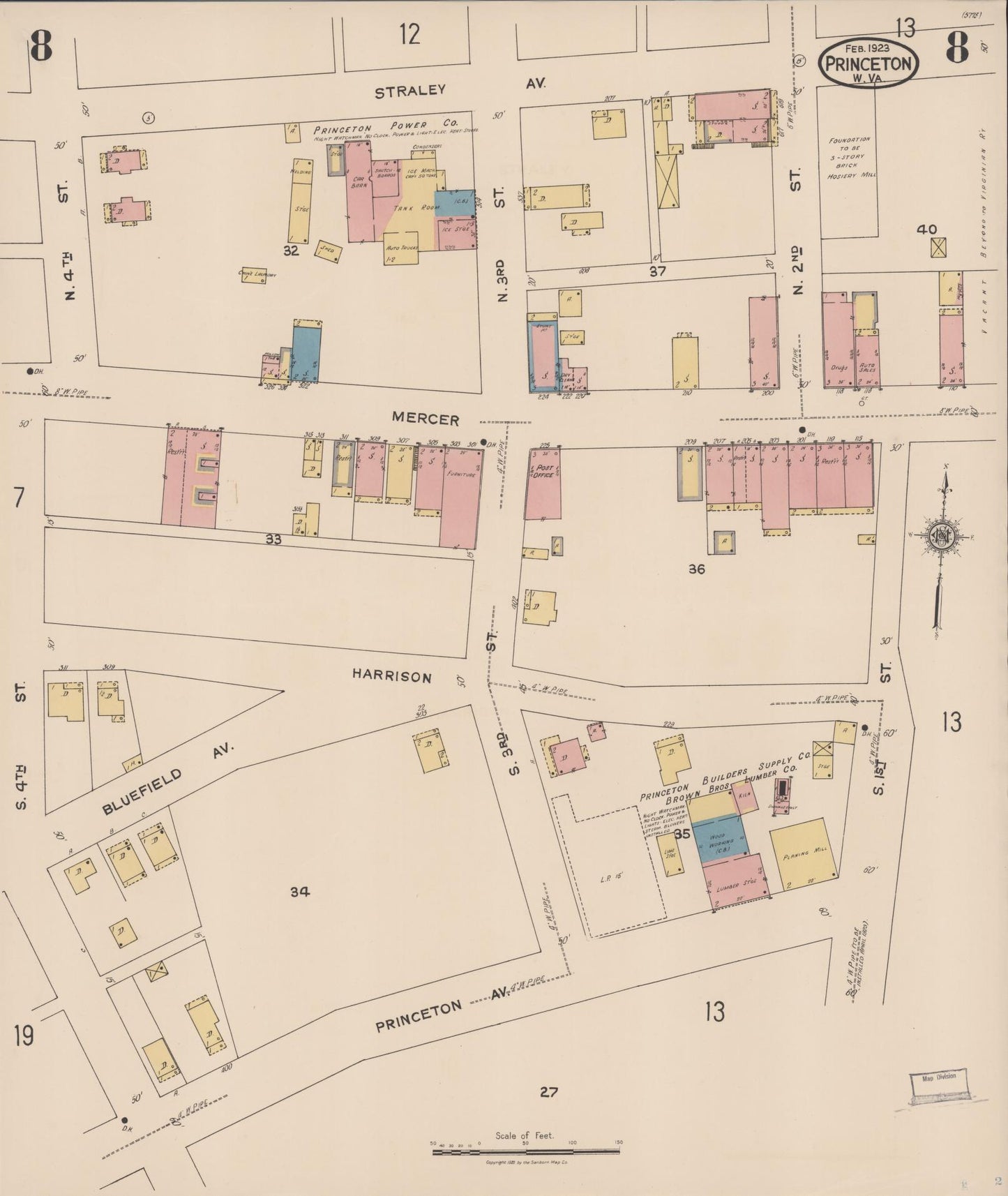 Sanborn Fire Insurance Map from Princeton, Mercer County, West Virginia (1923), Sheet #0008 - Complete Map Set gallery image, historic Sanborn map, vintage wall art, West Virginia West Virginia