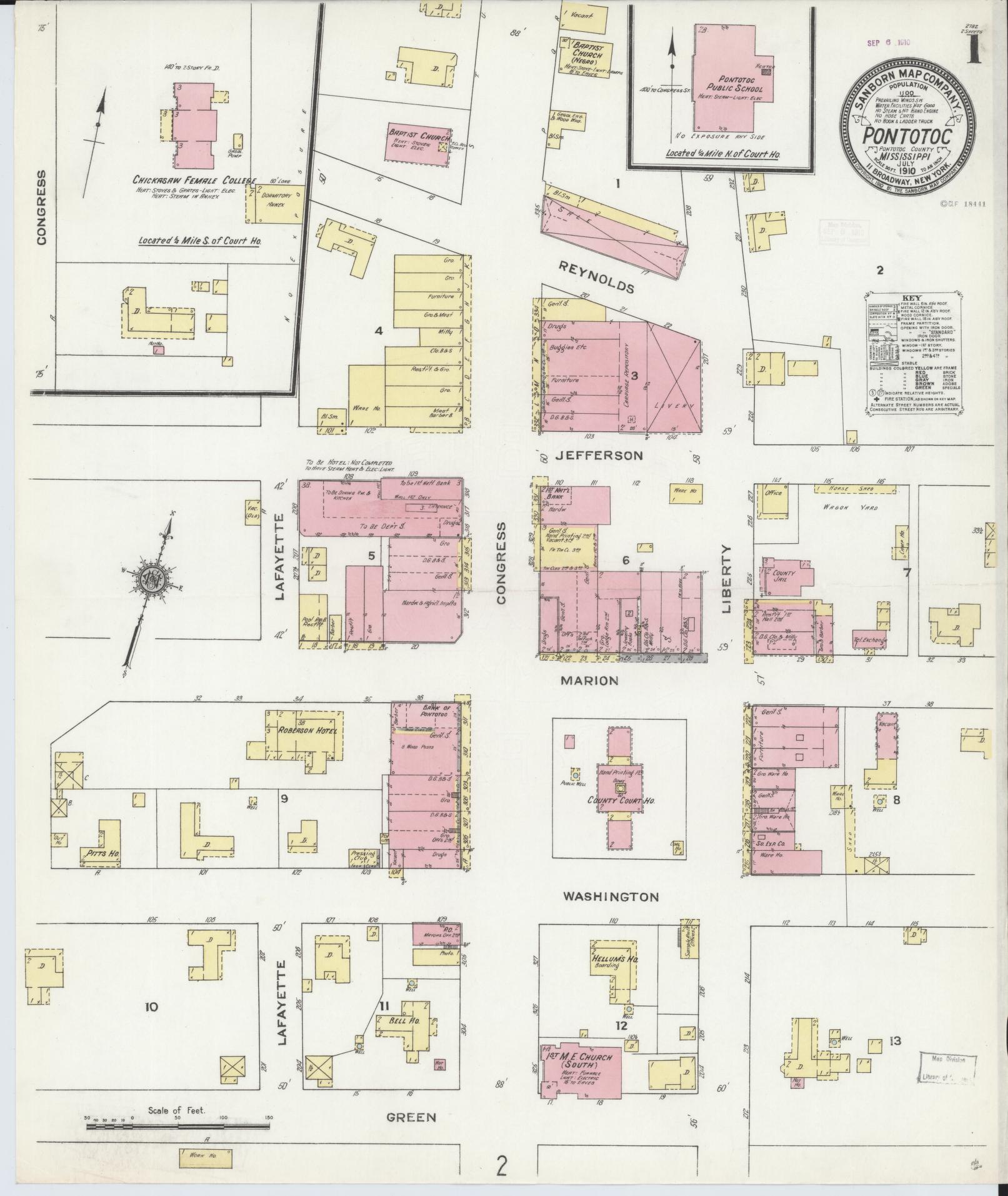 Sanborn Fire Insurance Map from Pontotoc, Pontotoc County, Mississippi (1910), Sheet #0001 - Historic Sanborn Fire Insurance Map Print, vintage old map wall art, antique decor, genealogy gift, Mississippi Mississippi map