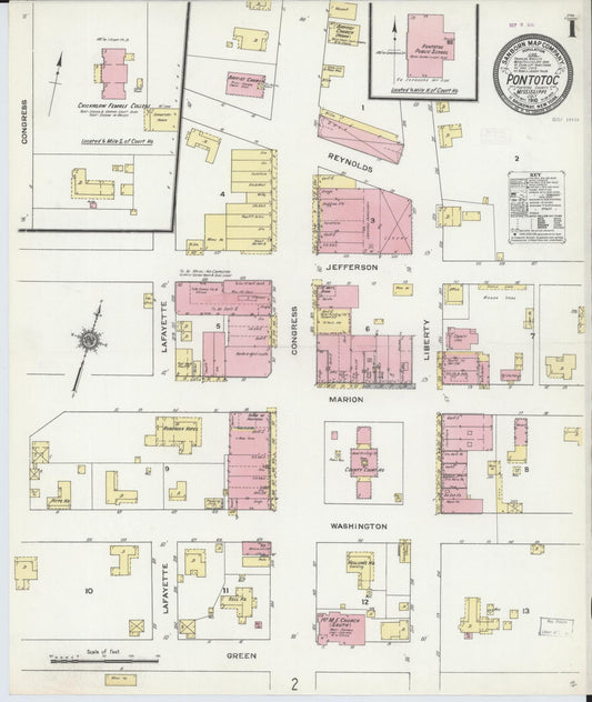 Sanborn Fire Insurance Map from Pontotoc, Pontotoc County, Mississippi (1910), Sheet #0001 - Historic Sanborn Fire Insurance Map Print, vintage old map wall art, antique decor, genealogy gift, Mississippi Mississippi map