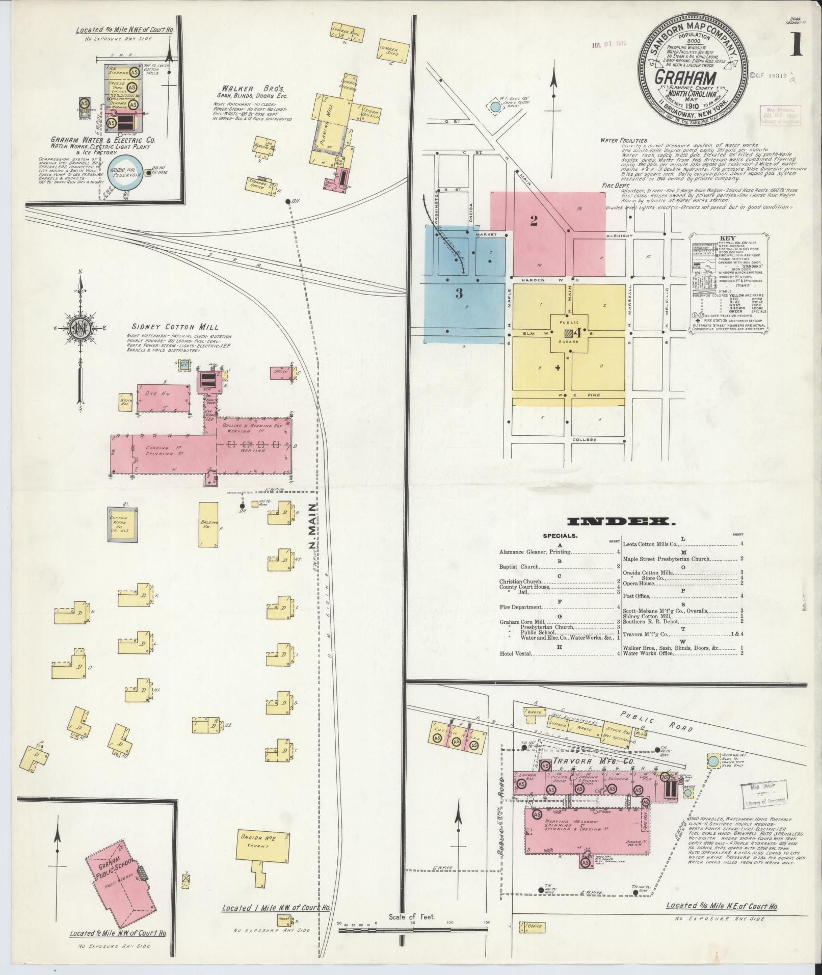 Sanborn Fire Insurance Map from Graham, Alamance County, North Carolina (1910), Sheet #0001 - Historic Sanborn Fire Insurance Map Print, vintage old map wall art, antique decor, genealogy gift, North Carolina North Carolina map