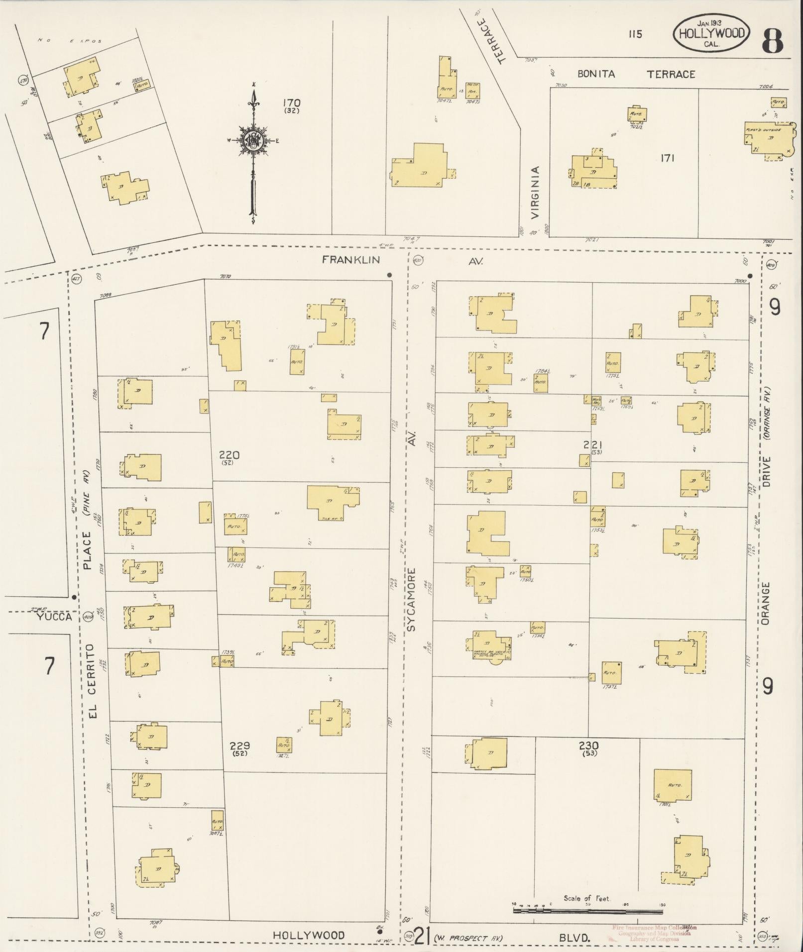 Sanborn Fire Insurance Map from Hollywood, Los Angeles County, California (1913), Sheet #0008 - Historic Sanborn Fire Insurance Map Print, vintage old map wall art, antique decor, genealogy gift, California California map