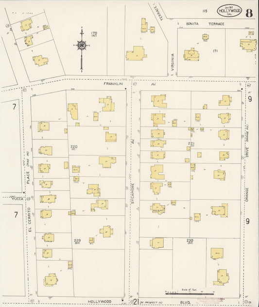 Sanborn Fire Insurance Map from Hollywood, Los Angeles County, California (1913), Sheet #0008 - Historic Sanborn Fire Insurance Map Print, vintage old map wall art, antique decor, genealogy gift, California California map