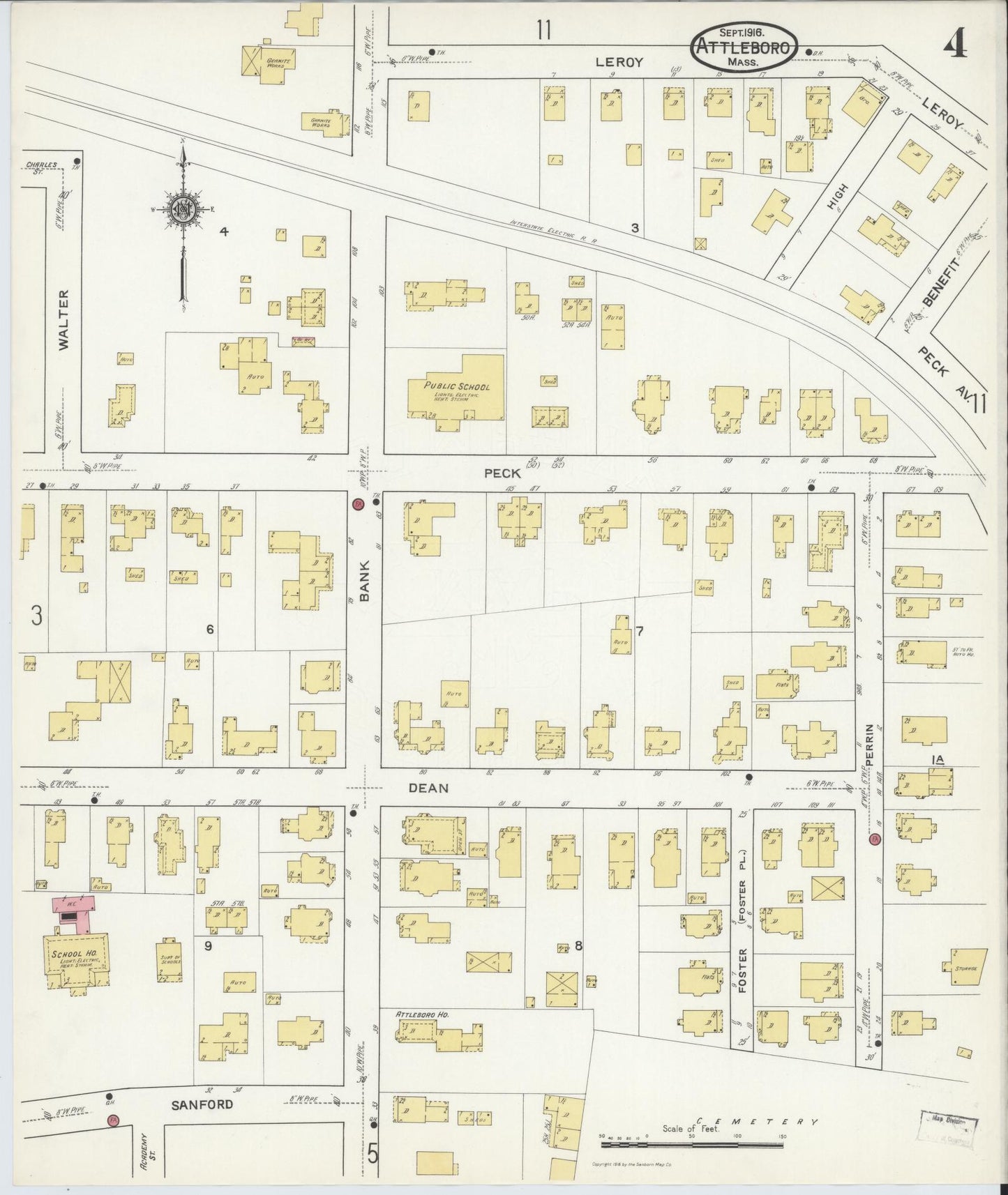 Sanborn Fire Insurance Map from Attleboro, Bristol County, Massachusetts (1916), Sheet #0004 - Historic Sanborn Fire Insurance Map Print, vintage old map wall art, antique decor, genealogy gift, Massachusetts Massachusetts map