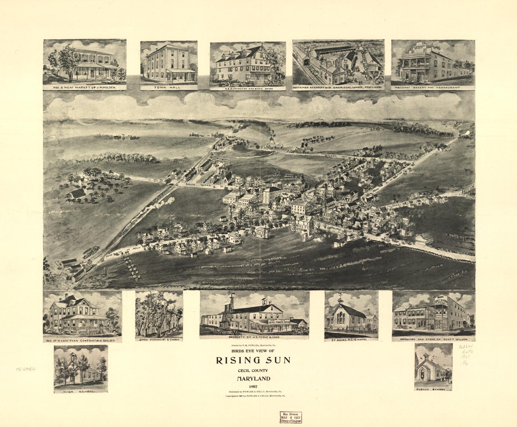 Birds eye view of Rising Sun, Cecil County, Maryland 1907. (1907) – Historic Bird’s-Eye View Panorama Print