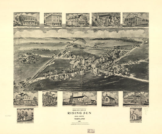 Birds eye view of Rising Sun, Cecil County, Maryland 1907. (1907) – Historic Bird’s-Eye View Panorama Print