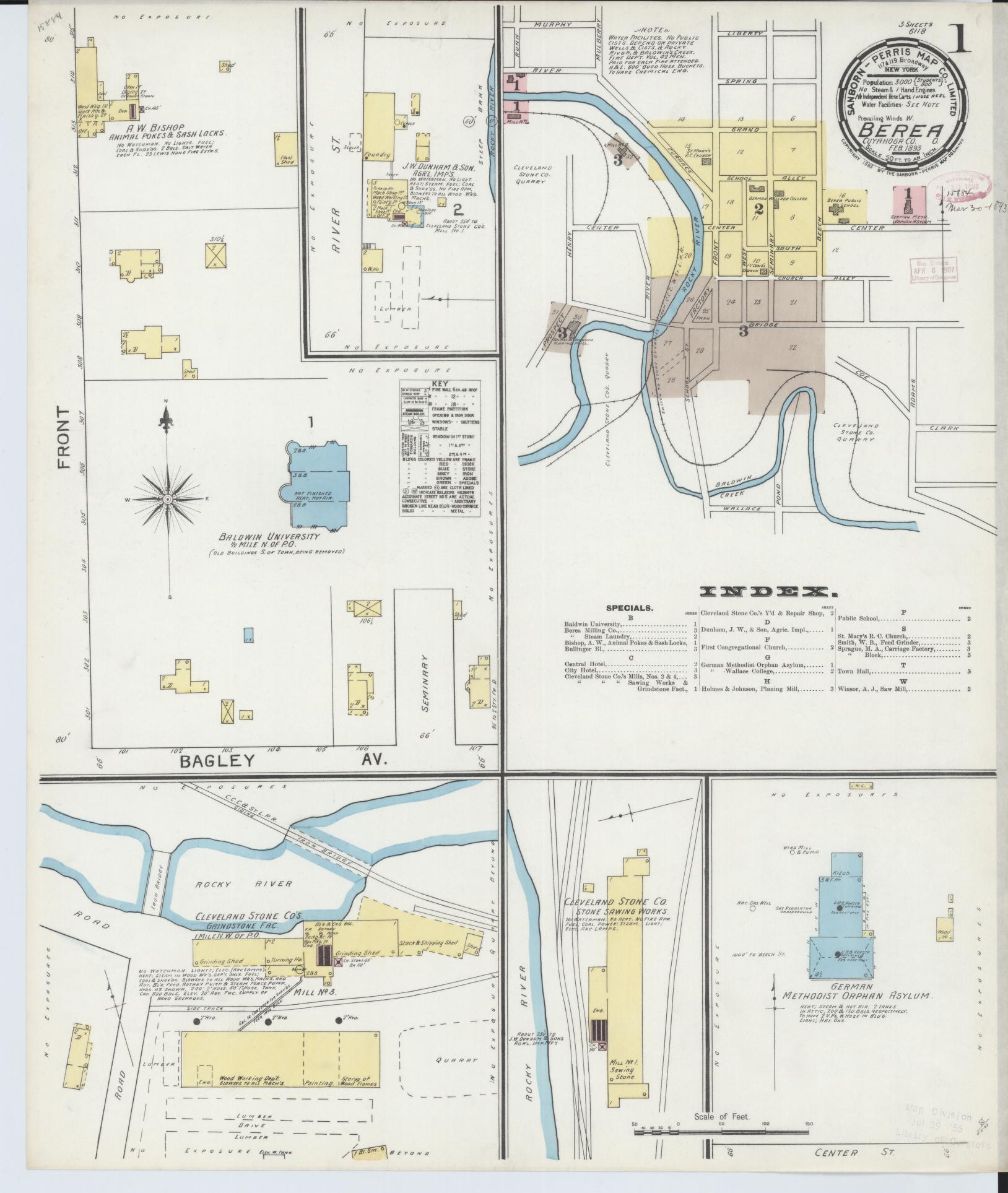 Sanborn Fire Insurance Map from Berea, Cuyahoga County, Ohio (1893), Sheet #0001 - Historic Sanborn Fire Insurance Map Print, vintage old map wall art, antique decor, genealogy gift, Ohio Ohio map