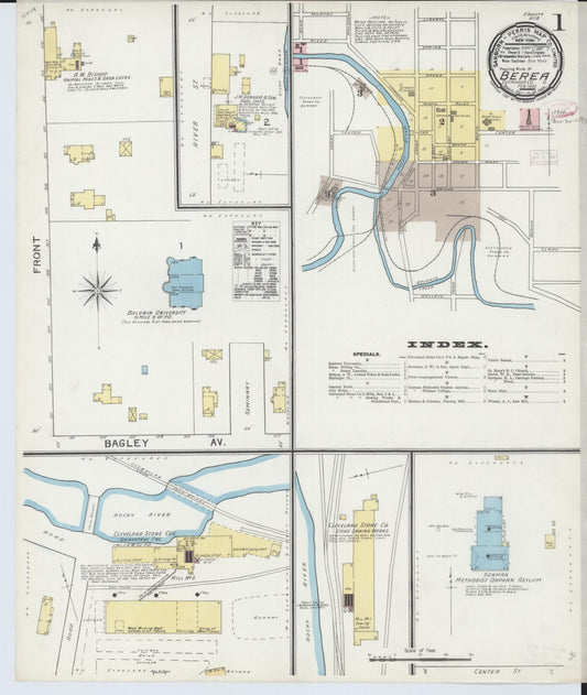 Sanborn Fire Insurance Map from Berea, Cuyahoga County, Ohio (1893), Sheet #0001 - Historic Sanborn Fire Insurance Map Print, vintage old map wall art, antique decor, genealogy gift, Ohio Ohio map