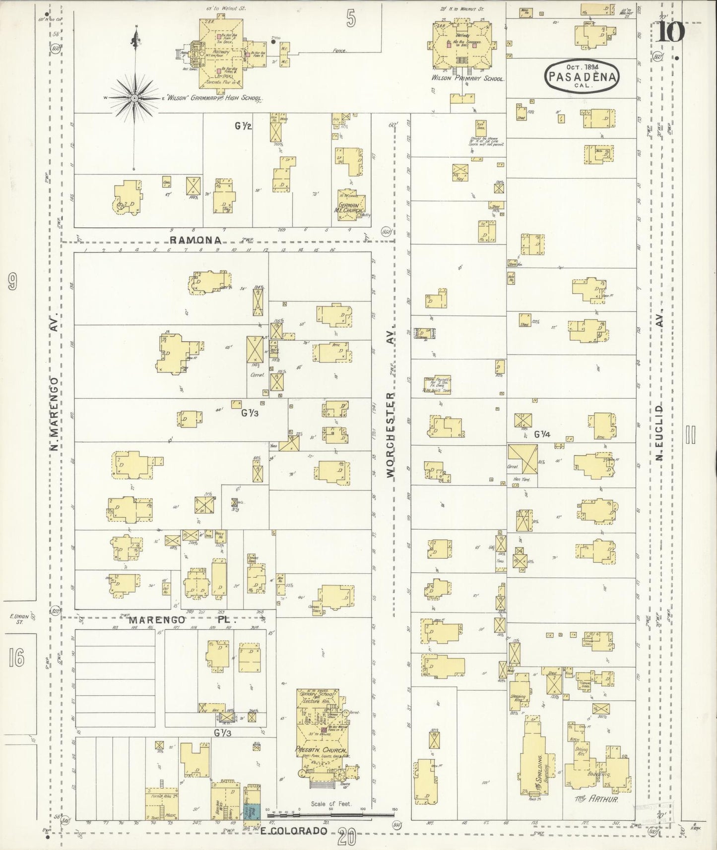 Sanborn Fire Insurance Map from Pasadena, Los Angeles County, California (1894), Sheet #0010 - Complete Map Set gallery image, historic Sanborn map, vintage wall art, California California