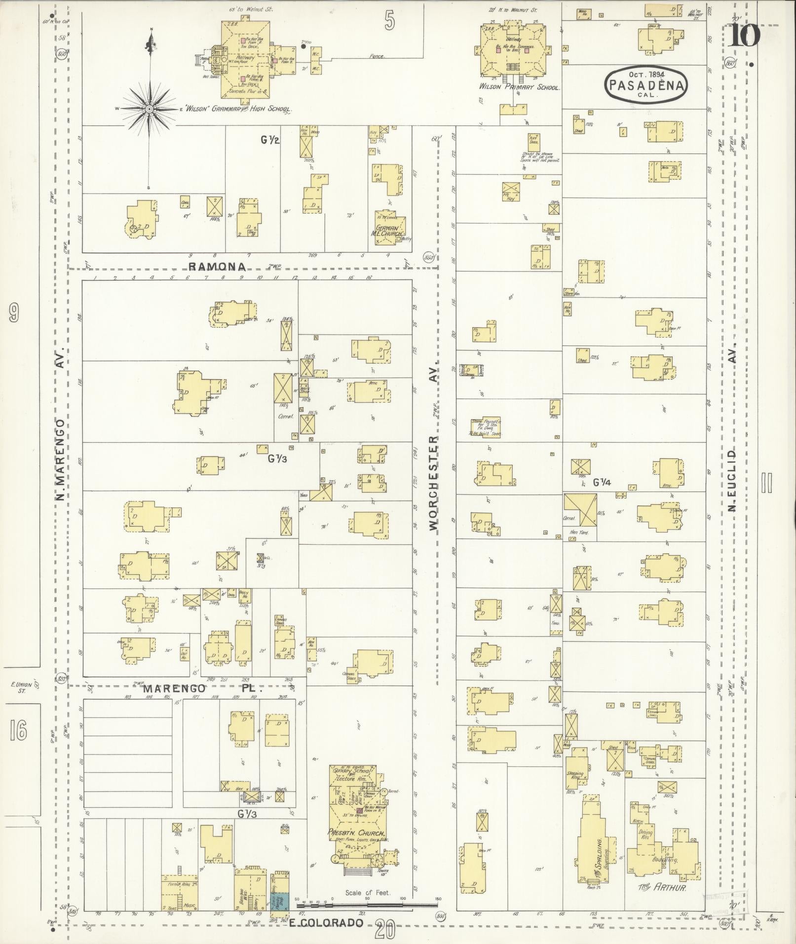 Sanborn Fire Insurance Map from Pasadena, Los Angeles County, California (1894), Sheet #0010 - Complete Map Set gallery image, historic Sanborn map, vintage wall art, California California