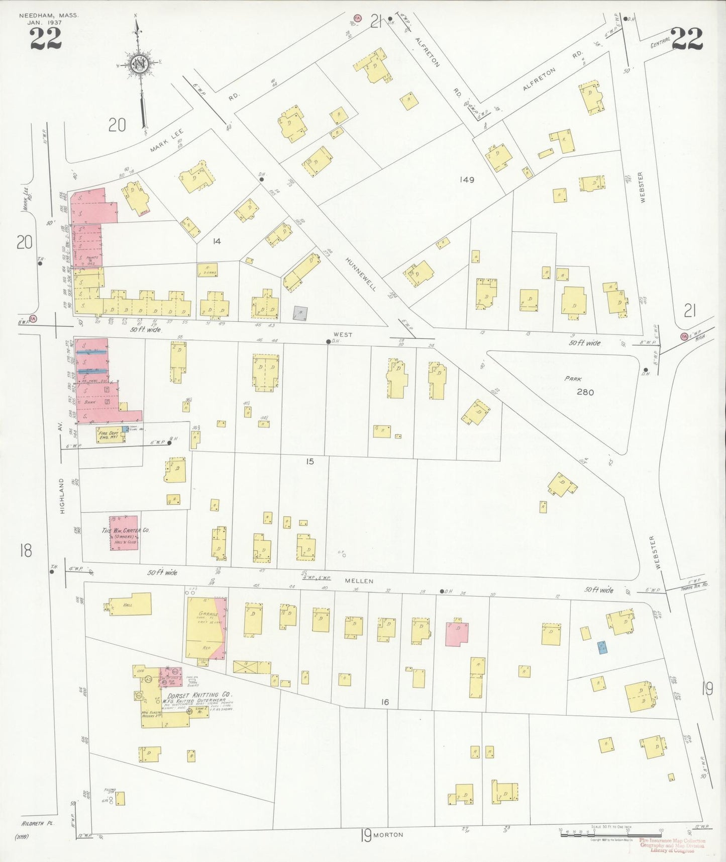 Sanborn Fire Insurance Map from Needham, Norfolk County, Massachusetts (1937), Sheet #0022 - Historic Sanborn Fire Insurance Map Print, vintage old map wall art, antique decor, genealogy gift, Massachusetts Massachusetts map
