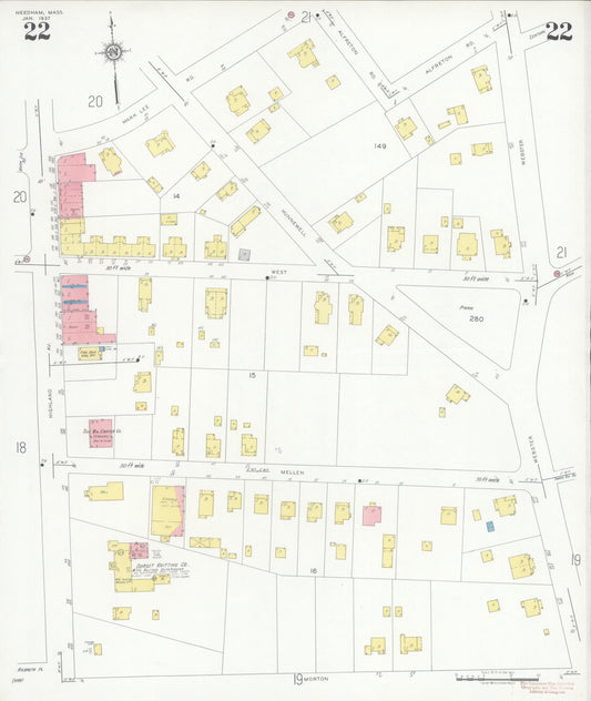Sanborn Fire Insurance Map from Needham, Norfolk County, Massachusetts (1937), Sheet #0022 - Historic Sanborn Fire Insurance Map Print, vintage old map wall art, antique decor, genealogy gift, Massachusetts Massachusetts map