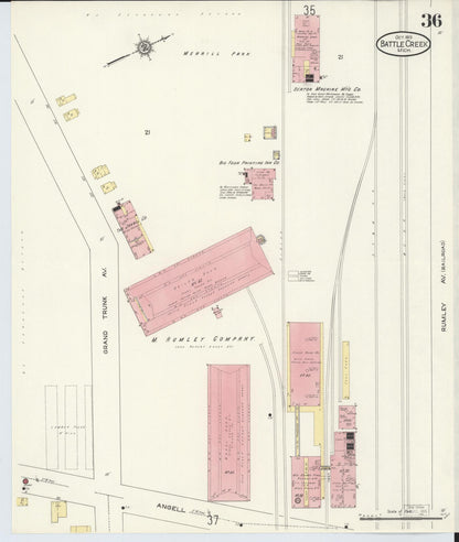 Sanborn Fire Insurance Map from Battle Creek, Calhoun County, Michigan (1913), Sheet #0036 - Complete Map Set gallery image, historic Sanborn map, vintage wall art, Michigan Michigan