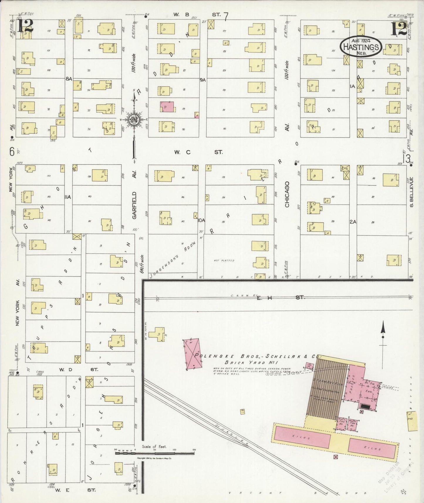 Sanborn Fire Insurance Map from Hastings, Adams County, Nebraska (1924), Sheet #0012 - Historic Sanborn Fire Insurance Map Print, vintage old map wall art, antique decor, genealogy gift, Nebraska Nebraska map