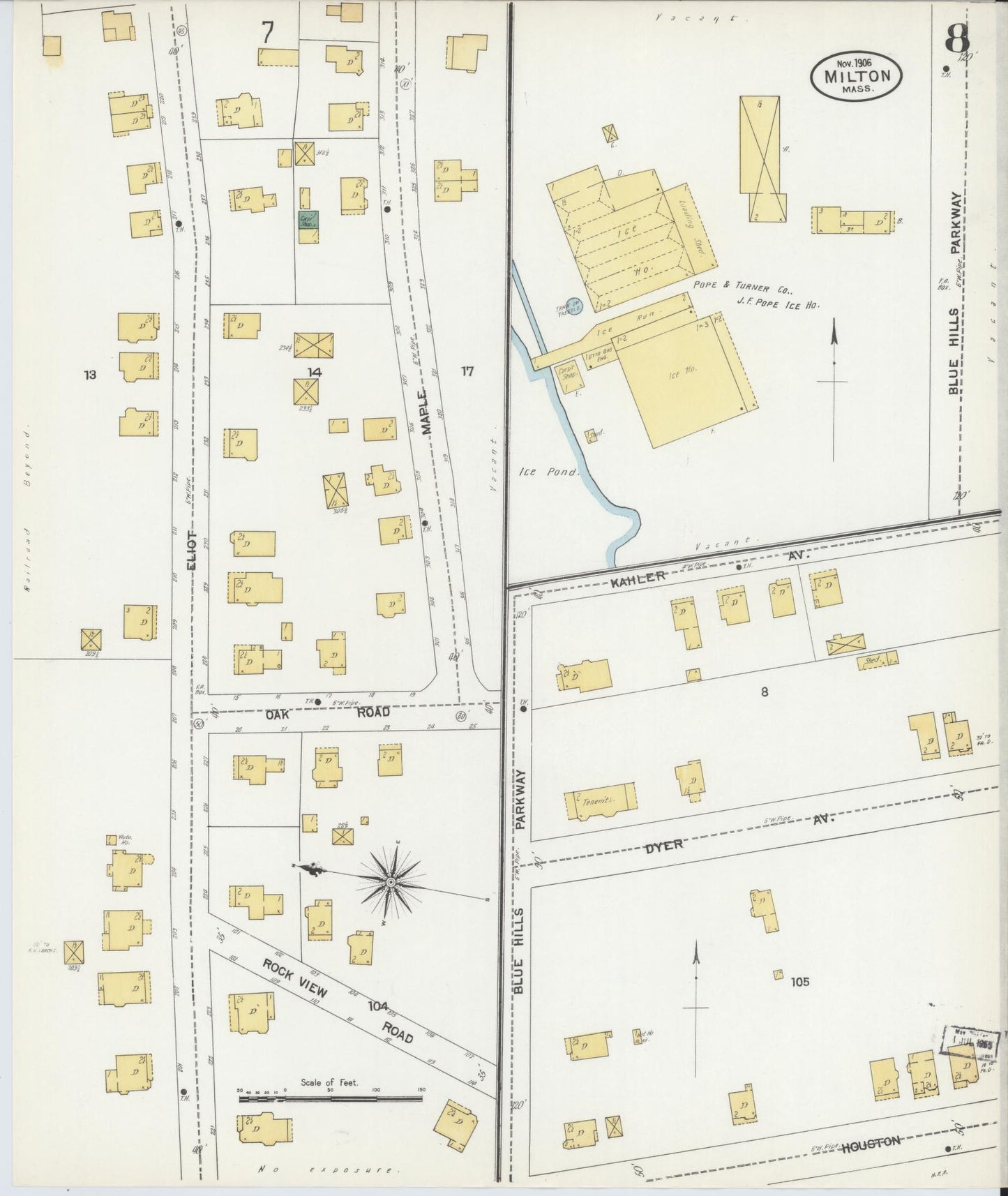 Sanborn Fire Insurance Map from Milton, Norfolk County, Massachusetts (1906), Sheet #0008 - Complete Map Set gallery image, historic Sanborn map, vintage wall art, Massachusetts Massachusetts