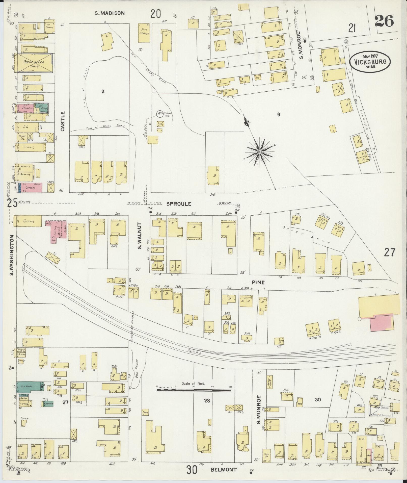 Sanborn Fire Insurance Map from Vicksburg, Warren County, Mississippi (1907), Sheet #0026 - Historic Sanborn Fire Insurance Map Print, vintage old map wall art, antique decor, genealogy gift, Mississippi Mississippi map