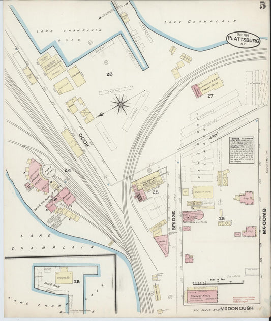 Sanborn Fire Insurance Map from Plattsburg, Clinton County, New York (1884), Sheet #0005 - Historic Sanborn Fire Insurance Map Print, vintage old map wall art, antique decor, genealogy gift, New York New York map