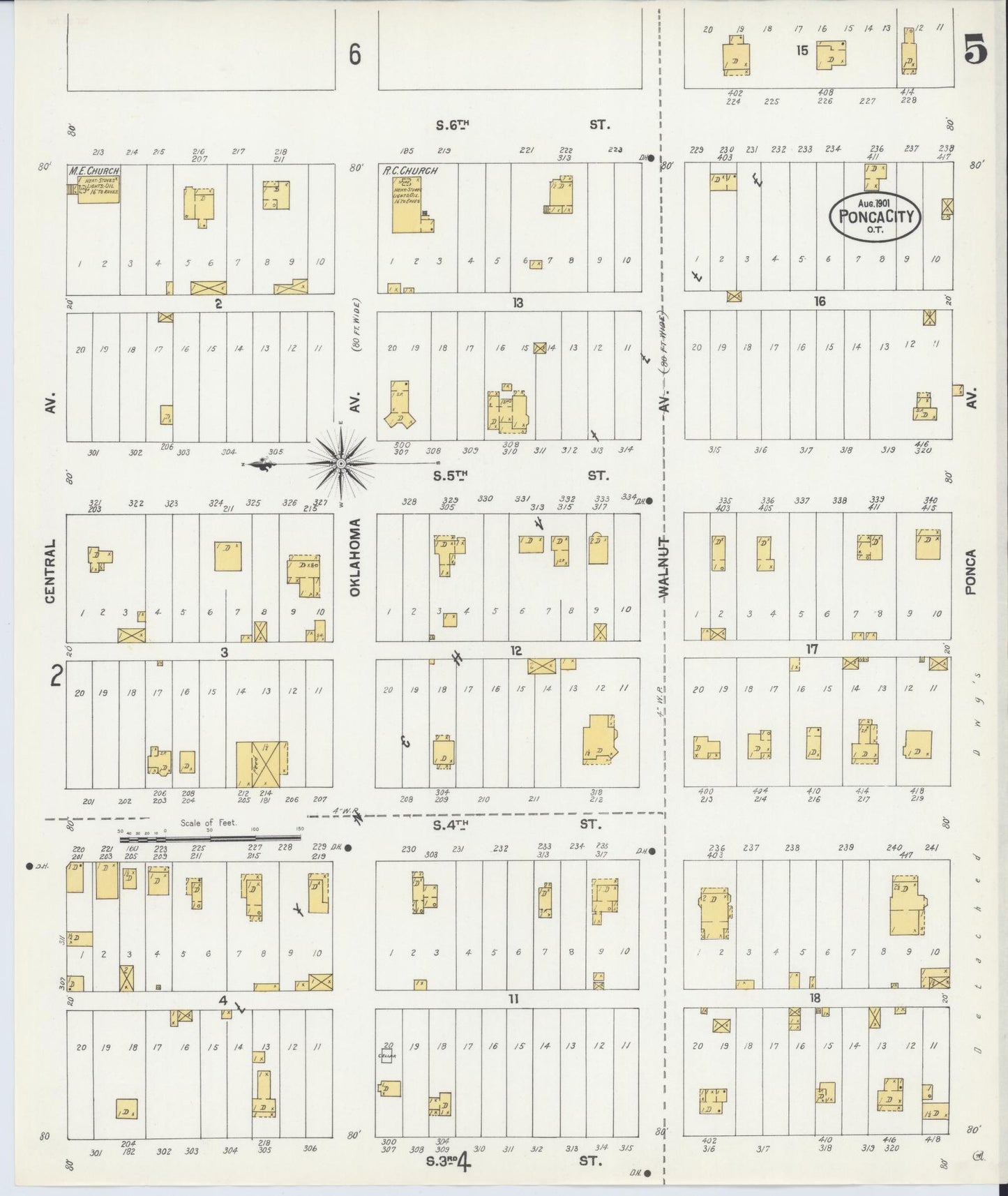 Sanborn Fire Insurance Map from Ponca City, Kay County, Oklahoma (1901), Sheet #0005 - Historic Sanborn Fire Insurance Map Print, vintage old map wall art, antique decor, genealogy gift, Oklahoma Oklahoma map