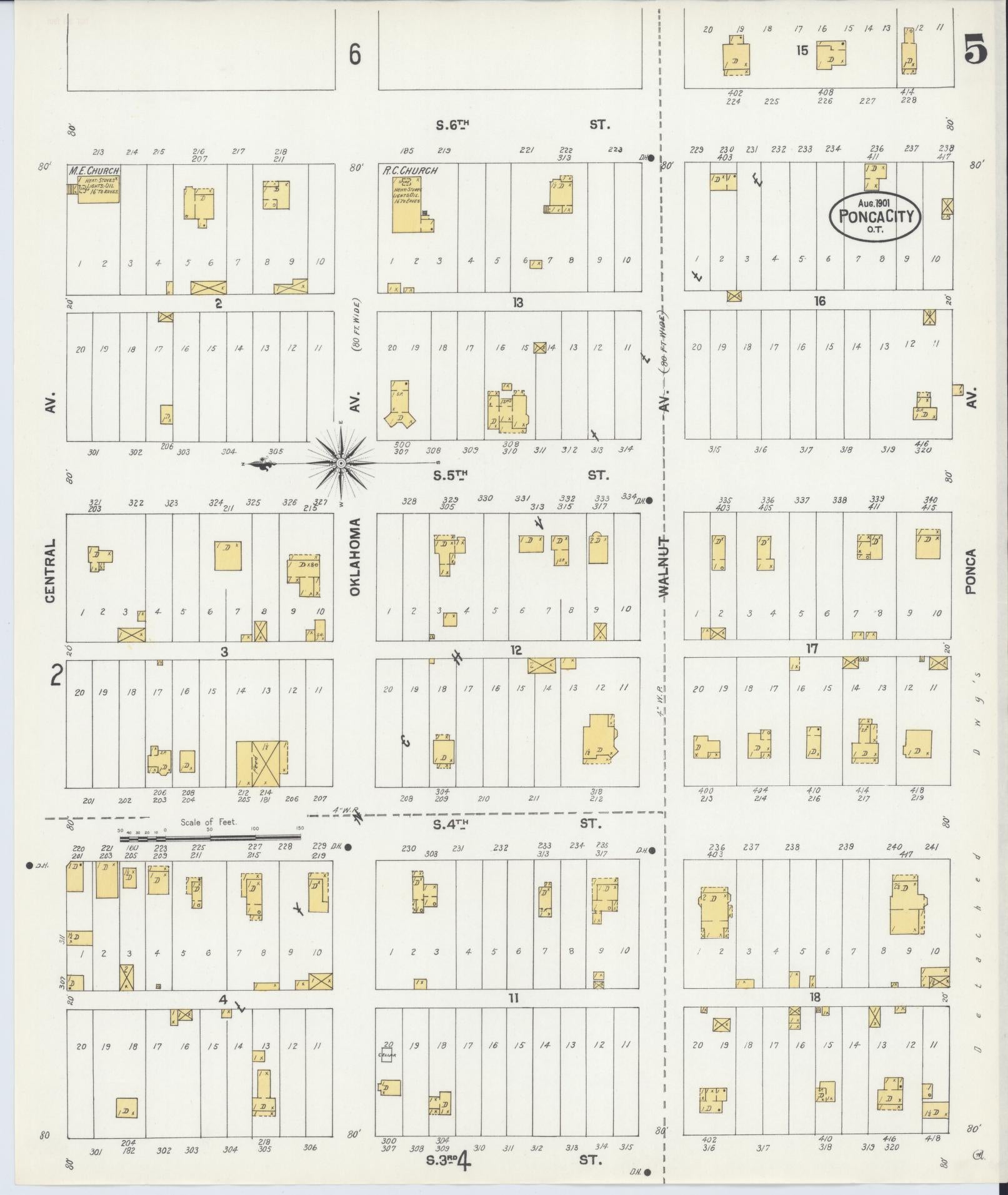 Sanborn Fire Insurance Map from Ponca City, Kay County, Oklahoma (1901), Sheet #0005 - Historic Sanborn Fire Insurance Map Print, vintage old map wall art, antique decor, genealogy gift, Oklahoma Oklahoma map