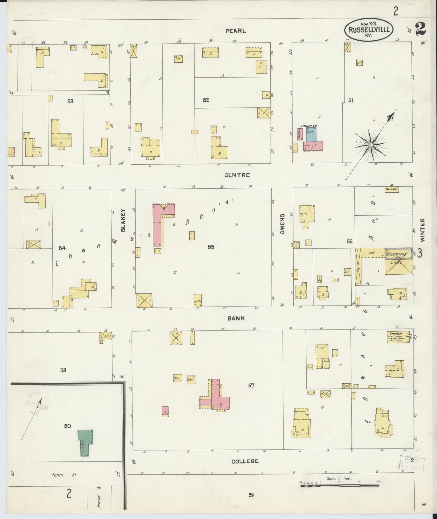 Sanborn Fire Insurance Map from Russellville, Logan County, Kentucky (1902), Sheet #0002 - Complete Map Set gallery image, historic Sanborn map, vintage wall art, Kentucky Kentucky