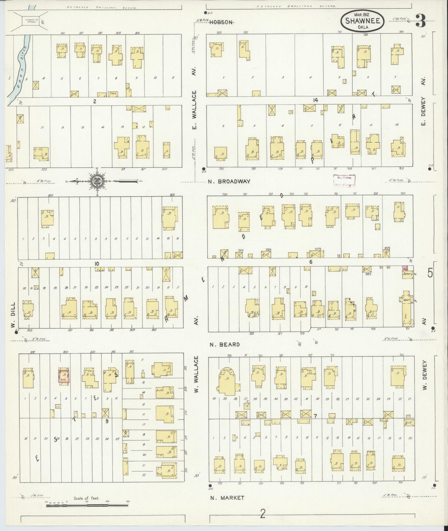 Sanborn Fire Insurance Map from Shawnee, Pottawatomie County, Oklahoma (1912), Sheet #0003 - Complete Map Set gallery image, historic Sanborn map, vintage wall art, Oklahoma Oklahoma
