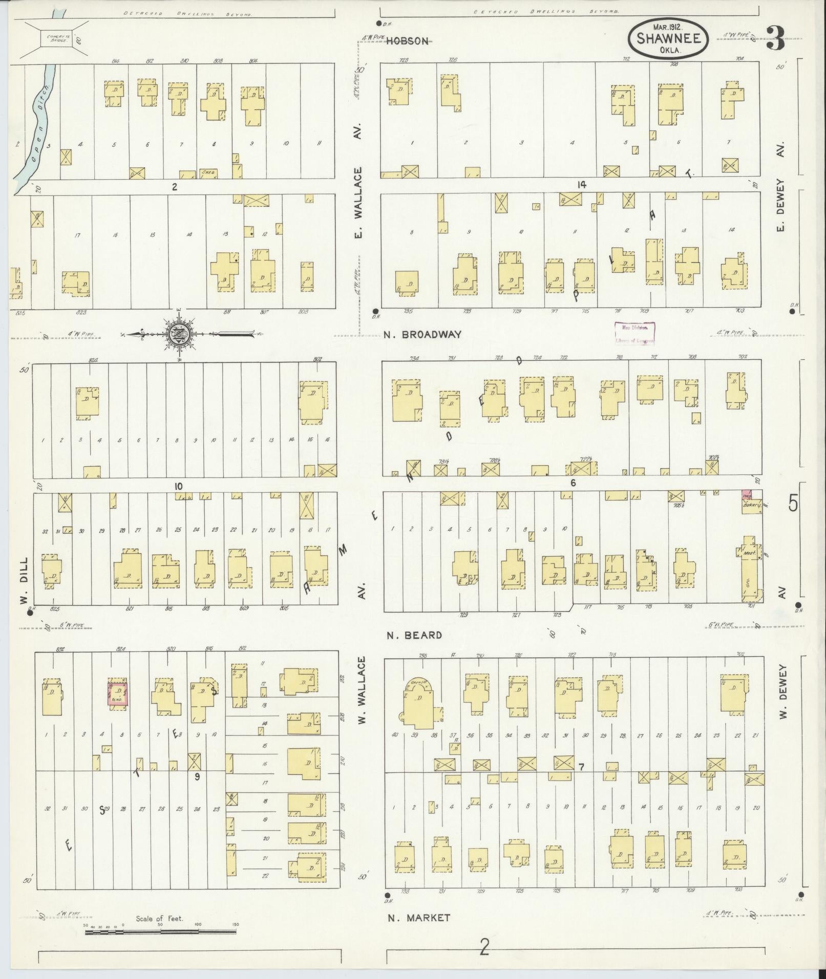 Sanborn Fire Insurance Map from Shawnee, Pottawatomie County, Oklahoma (1912), Sheet #0003 - Complete Map Set gallery image, historic Sanborn map, vintage wall art, Oklahoma Oklahoma