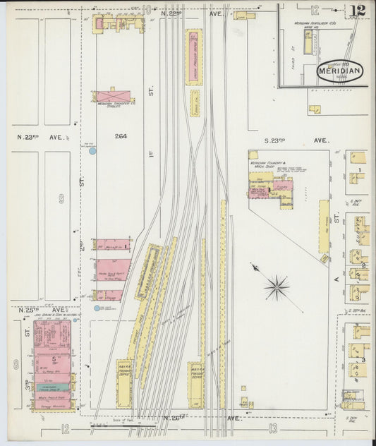 Sanborn Fire Insurance Map from Meridian, Lauderdale County, Mississippi (1893), Sheet #0012 - Historic Sanborn Fire Insurance Map Print, vintage old map wall art, antique decor, genealogy gift, Mississippi Mississippi map