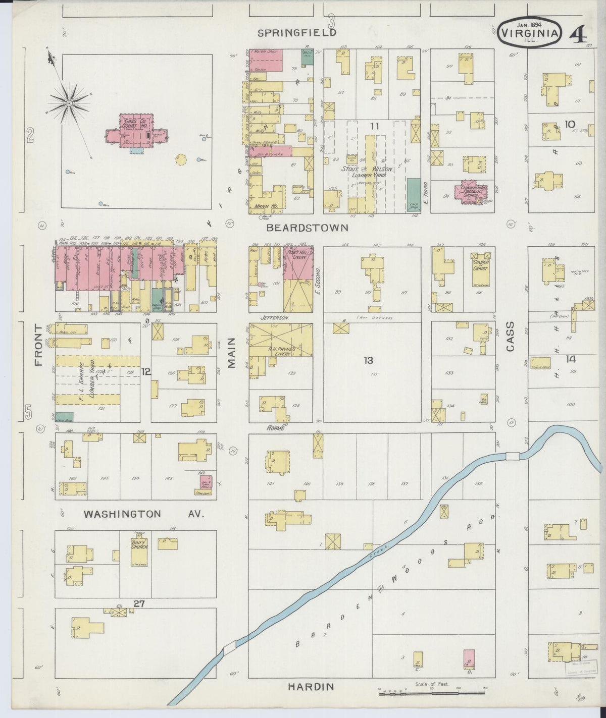 Sanborn Fire Insurance Map from Virginia, Cass County, Illinois (1894), Sheet #0004 - Historic Sanborn Fire Insurance Map Print, vintage old map wall art, antique decor, genealogy gift, Illinois Illinois map