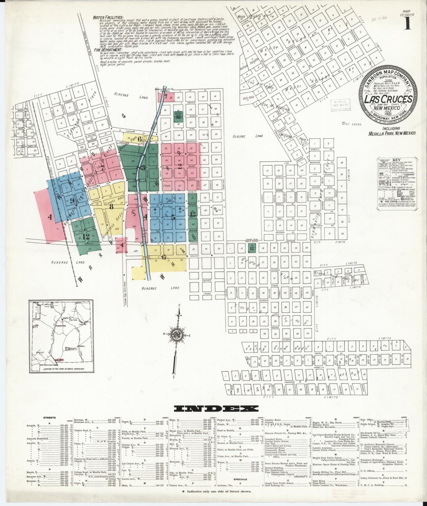 Sanborn Fire Insurance Map from Las Cruces, Dona Ana County, New Mexico (1921), Sheet #0001 - Complete Map Set gallery image, historic Sanborn map, vintage wall art, New Mexico New Mexico