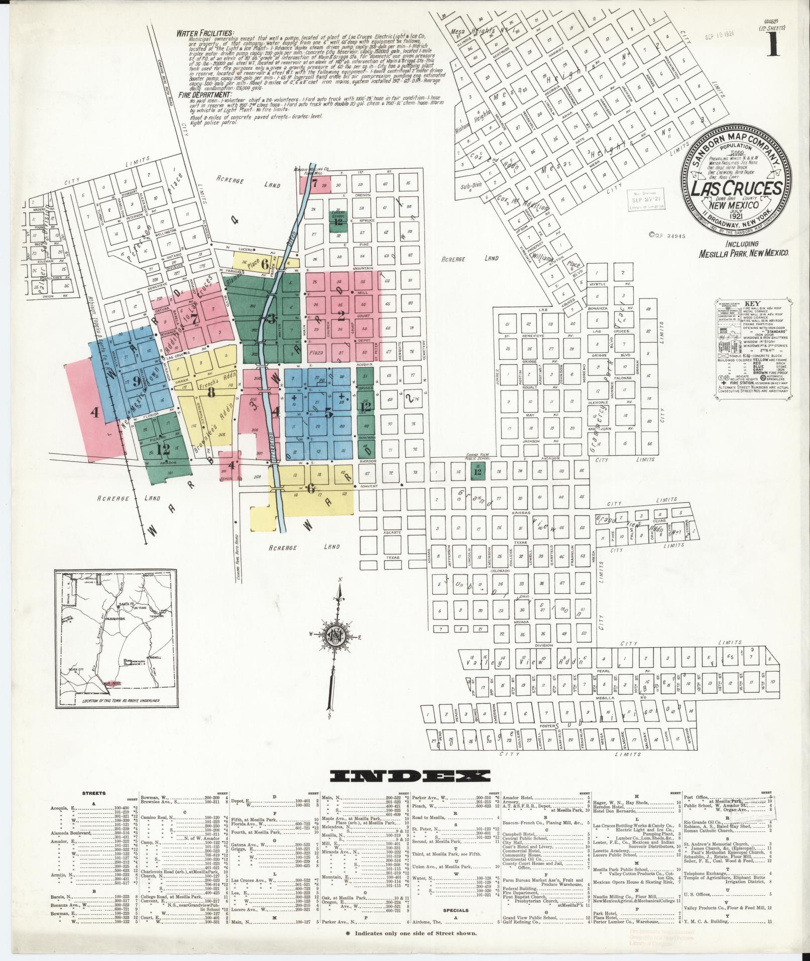 Sanborn Fire Insurance Map from Las Cruces, Dona Ana County, New Mexico (1921), Sheet #0001 - Complete Map Set gallery image, historic Sanborn map, vintage wall art, New Mexico New Mexico
