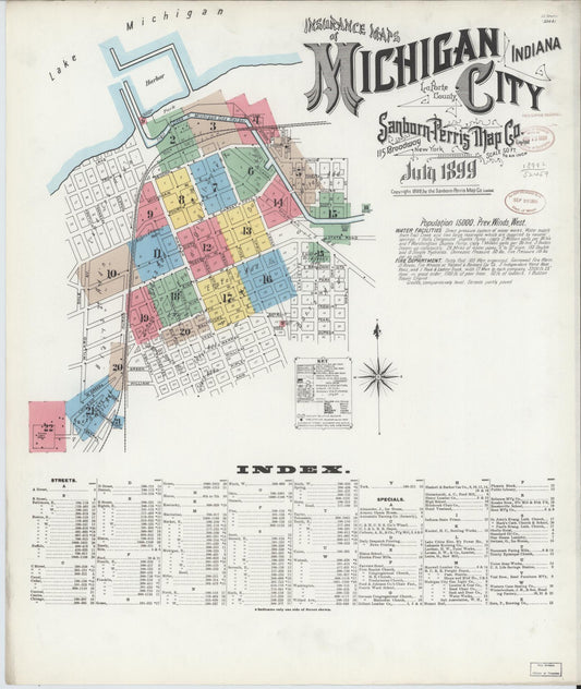 Sanborn Fire Insurance Map from Michigan City, La Porte County, Indiana (1899), Sheet #0001 - Historic Sanborn Fire Insurance Map Print, vintage old map wall art, antique decor, genealogy gift, Michigan Michigan map