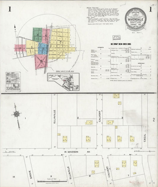 Sanborn Fire Insurance Map from Riverdale, Prince Georges County, Maryland (1924), Sheet #0001 - Historic Sanborn Fire Insurance Map Print, vintage old map wall art, antique decor, genealogy gift, Maryland Maryland map