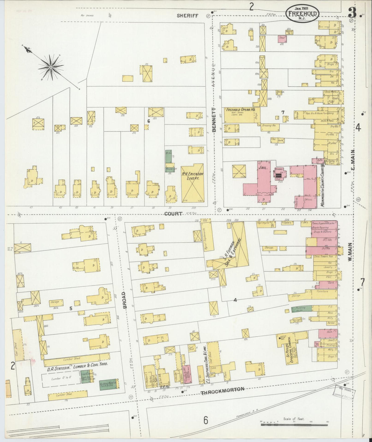 Sanborn Fire Insurance Map from Freehold, Monmouth County, New Jersey (1901), Sheet #0003 - Historic Sanborn Fire Insurance Map Print, vintage old map wall art, antique decor, genealogy gift, New Jersey New Jersey map