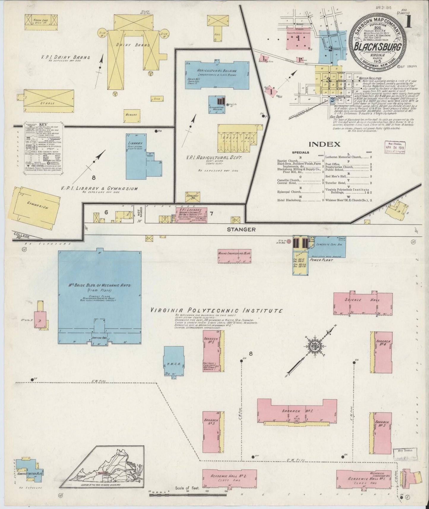 Sanborn Fire Insurance Map from Blacksburg, Montgomery County, Virginia (1915), Sheet #0001 - Historic Sanborn Fire Insurance Map Print, vintage old map wall art, antique decor, genealogy gift, Virginia Virginia map