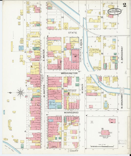Sanborn Fire Insurance Map from Decorah, Winneshiek County, Iowa (1894), Sheet #0002 - Historic Sanborn Fire Insurance Map Print, vintage old map wall art