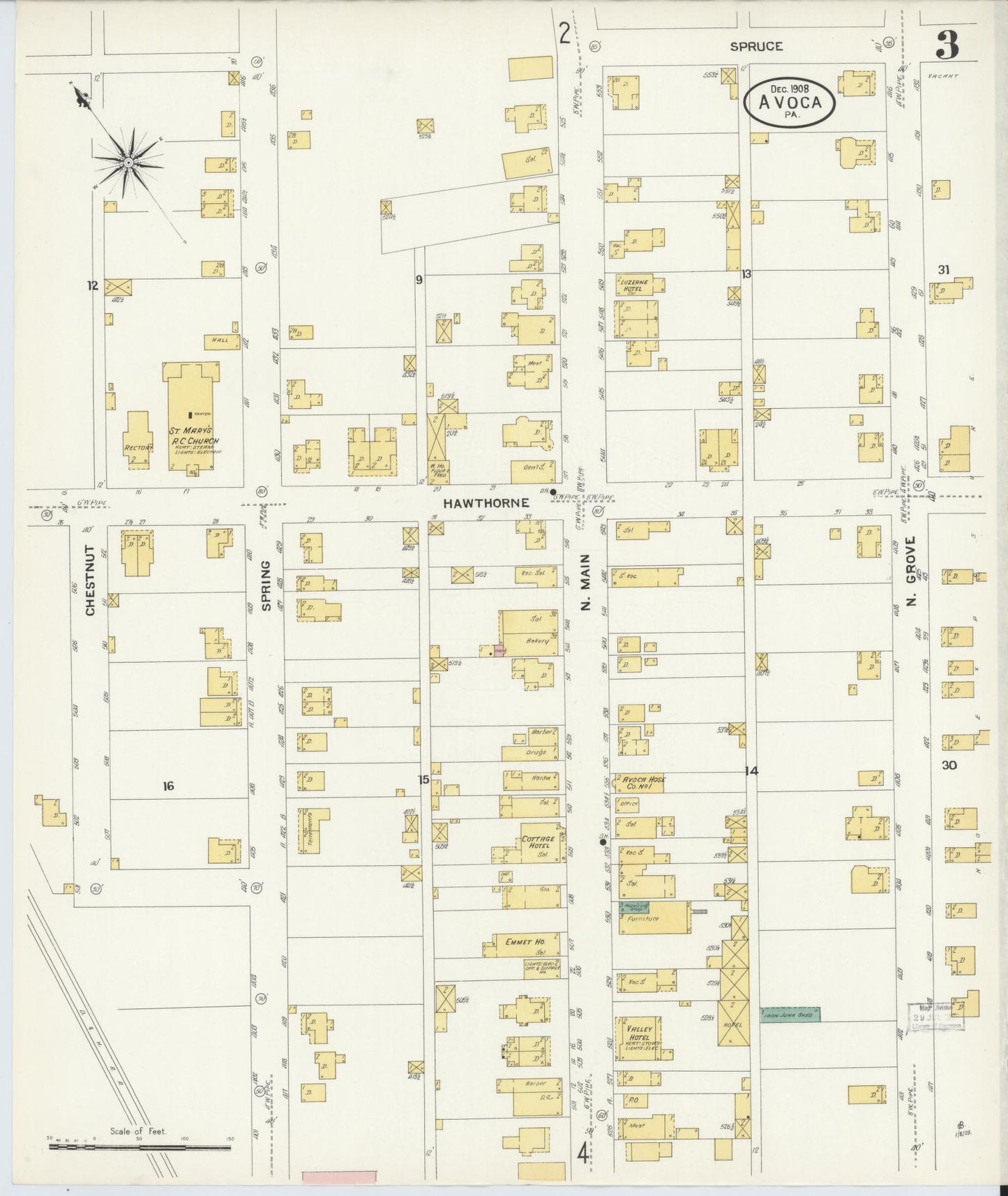 Sanborn Fire Insurance Map from Avoca, Luzerne County, Pennsylvania (1908), Sheet #0003 - Historic Sanborn Fire Insurance Map Print, vintage old map wall art, antique decor, genealogy gift, Pennsylvania Pennsylvania map